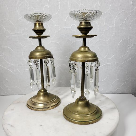 Antique Brass Girandole Candlesticks 11" Gold 8 Clear Hanging Crystals Set of 2 - Picture 3 of 16